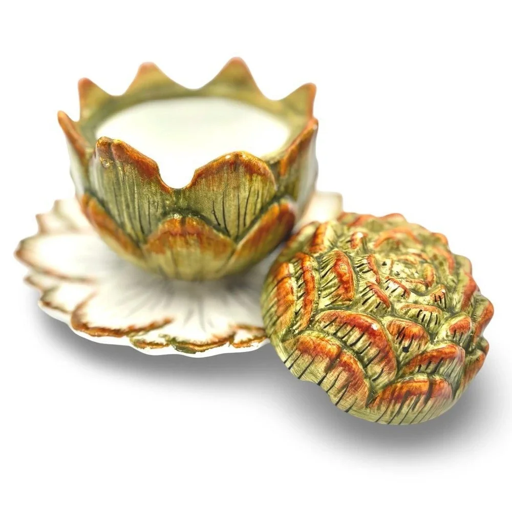 Vintage Artichoke Majolica Ceramic Pottery Sauce Bowl Lid Plate Italy Jam Jar
